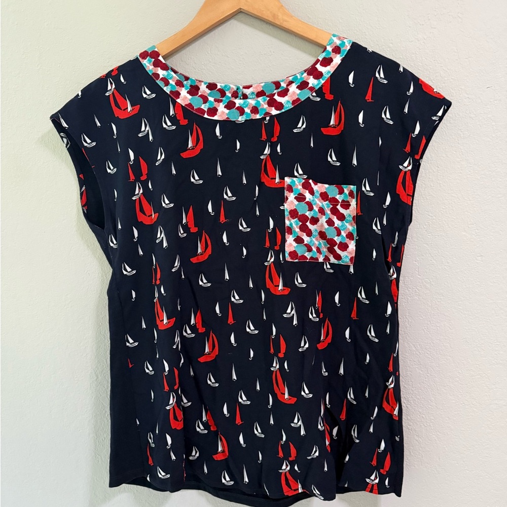 Anthropologie Porridge Sailboat Print Mixed Media Top - Size S